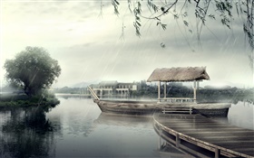 Pier, Boot, Fluss, Bäume, regnerischen Tag, 3D-Design HD Hintergrundbilder