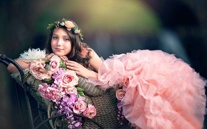 Rosa Kleid Mädchen, Blumen, Kranz Hintergrundbilder Bilder