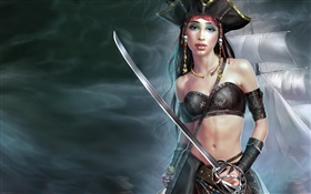 Piraten-Mädchen, Schiff, Fantasy-Kunst HD Hintergrundbilder