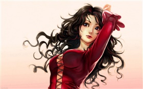 Rotes Kleid Fantasie Mädchen, lockiges Haar HD Hintergrundbilder
