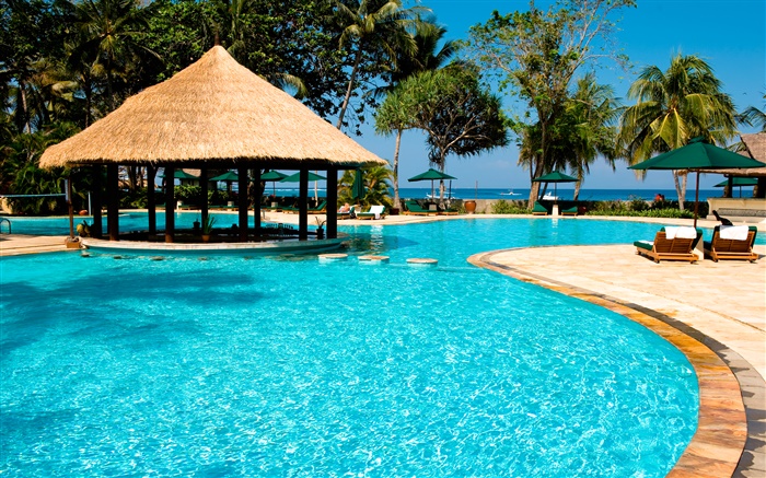 Resort, Palmen, Pool, Haus, exotische Hintergrundbilder Bilder
