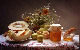 Stilleben , Lebensmittel, Blumen, Äpfel, Honig, Honigmelone