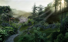 Steinpfad  im Park, Bäume, Sonnenstrahlen , 3D-Design HD Hintergrundbilder