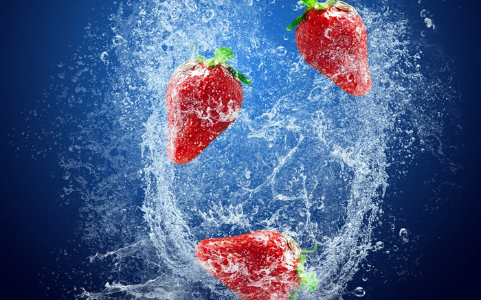 Erdbeeren, rote Beeren, Wasserspritzen , Blasen Hintergrundbilder Bilder