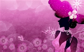 Sommer, lila Hintergrund, Vektor-Mädchen, Sonne, Blumen, Schmetterling HD Hintergrundbilder