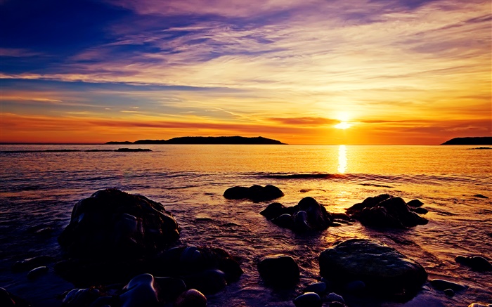 Sunset Küste, Steine, Meer, schöne Hintergrundbilder Bilder
