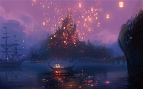 Verheddert, Rapunzel, Fluss, Boot, nacht, lichter, Zeichentrickfilm , Kunst HD Hintergrundbilder
