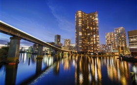 Tokyo, Japan, Stadt, Nacht, Bucht, Wasser Reflexion, Wolkenkratzer, Lichter HD Hintergrundbilder