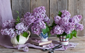 Vase, lila, lila Blumen, Bücher, Schere HD Hintergrundbilder