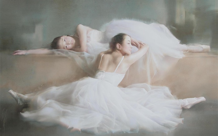 Aquarellmalerei , Ballett, Tänzer Mädchen, weißes Kleid Hintergrundbilder Bilder