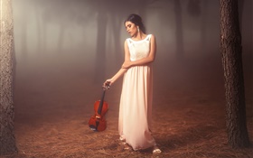 Weißes Kleid Mädchen im Wald, Violine, Stimmung HD Hintergrundbilder