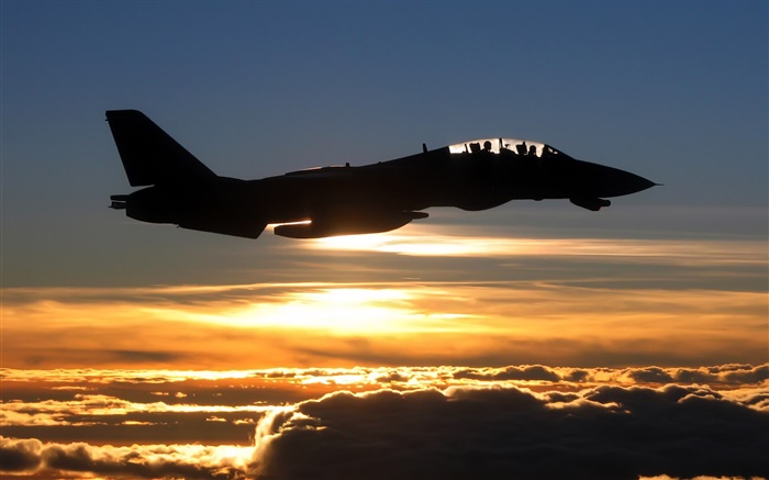 Flugzeug bei Sonnenuntergang, Kämpfer, Wolken, Himmel Hintergrundbilder Bilder