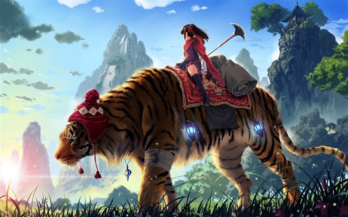 Anime Mädchen reiten Tiger, Berge, Gras Hintergrundbilder Bilder