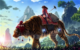 Anime Mädchen reiten Tiger, Berge, Gras