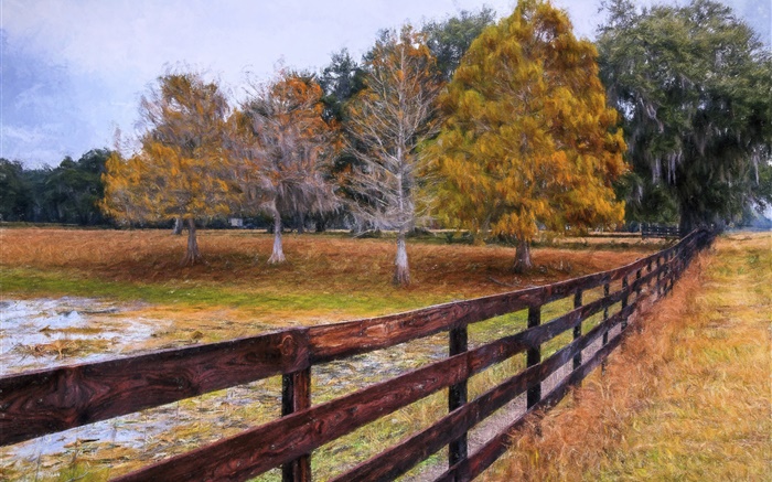 Herbst-Malerei, Bäume, Zaun Hintergrundbilder Bilder