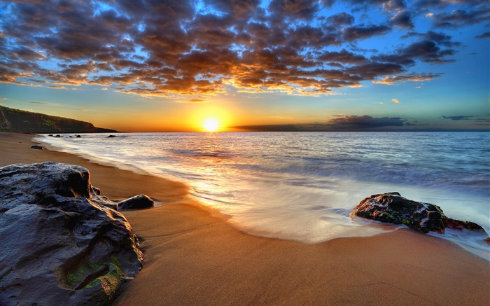 Strand Sonnenuntergang, Wolken, Meer, Küste, Wellen, Sonnenstrahlen Hintergrundbilder Bilder