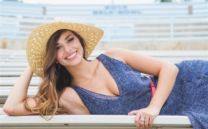 Blaues Kleid Lächeln Mädchen, Hut, Sommer Hintergrundbilder Bilder