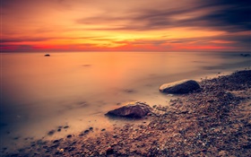 Küste, Meer, Strand, rot Himmel, Wolken, Sonnenuntergang HD Hintergrundbilder