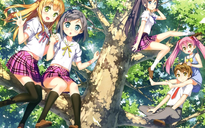 Netter Anime Mädchen im Baum Hintergrundbilder Bilder