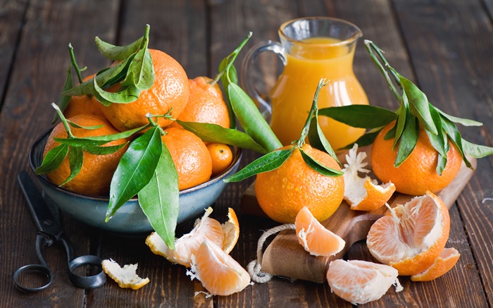 Frische Mandarinen, Blätter, Früchte close-up Hintergrundbilder Bilder