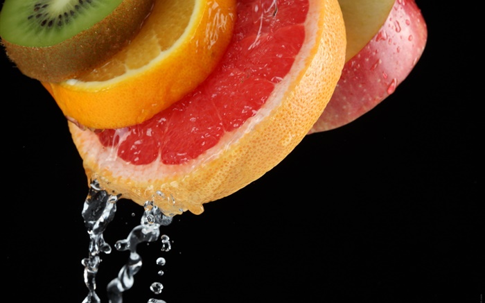 Obst in Scheiben schneiden, Apfel, Kiwi, Orange, Wasser Hintergrundbilder Bilder
