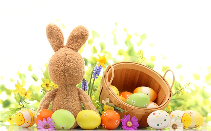 Frohe Ostern, bunte Eier, Dekoration, Tulpen, Kaninchen Spielzeug Hintergrundbilder Bilder