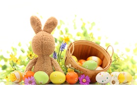 Frohe Ostern, bunte Eier, Dekoration, Tulpen, Kaninchen Spielzeug HD Hintergrundbilder