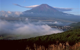 Mount Fuji, Japan, Stadt, Wald, Gras, Nebel, Wolken HD Hintergrundbilder