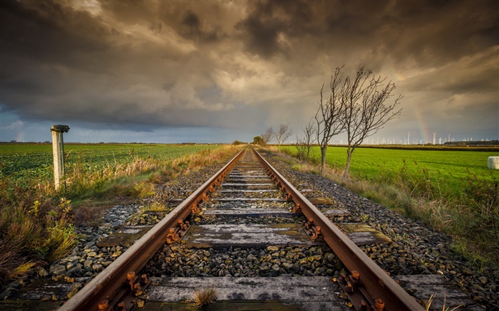 Eisenbahn, Bäume, Wolken, Dämmerung Hintergrundbilder Bilder