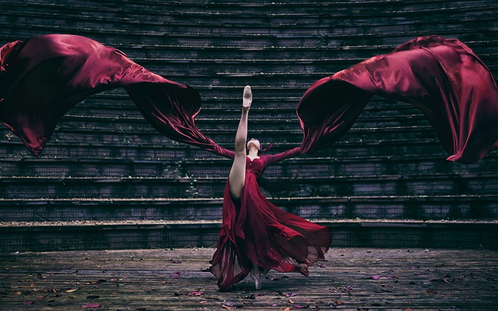 Rotes Kleid Mädchen tanzen, Treppen Hintergrundbilder Bilder