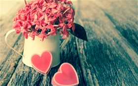 Rote Blumen, Strauß, Süßigkeiten, Liebe Herzen, Valentinstag HD Hintergrundbilder