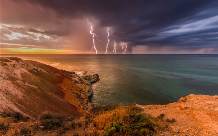 South Australia, Sturm, Wolken, Blitz, Meer, Küste Hintergrundbilder Bilder