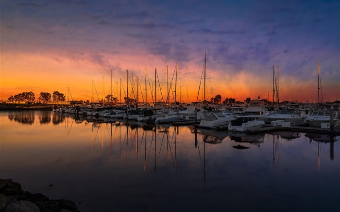 Sonnenuntergang, Bucht, Wasser, Boote, Yachten Hintergrundbilder Bilder