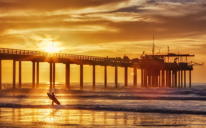 Sonnenuntergang, Küste, Sommer, Pier, Surfer, Meer, Wellen Hintergrundbilder Bilder