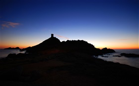 Sonnenuntergang Abend, Felsen, Himmel, Meer, Silhouette HD Hintergrundbilder