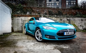 Tesla Model S blau Elektro-Auto-Vorderansicht HD Hintergrundbilder