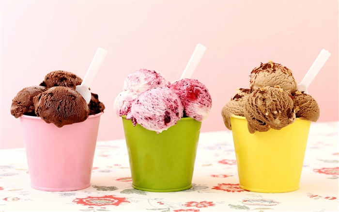 Drei Arten Eis, Schokolade, Himbeere, Dessert Hintergrundbilder Bilder