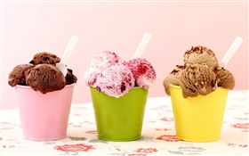 Drei Arten Eis, Schokolade, Himbeere, Dessert HD Hintergrundbilder