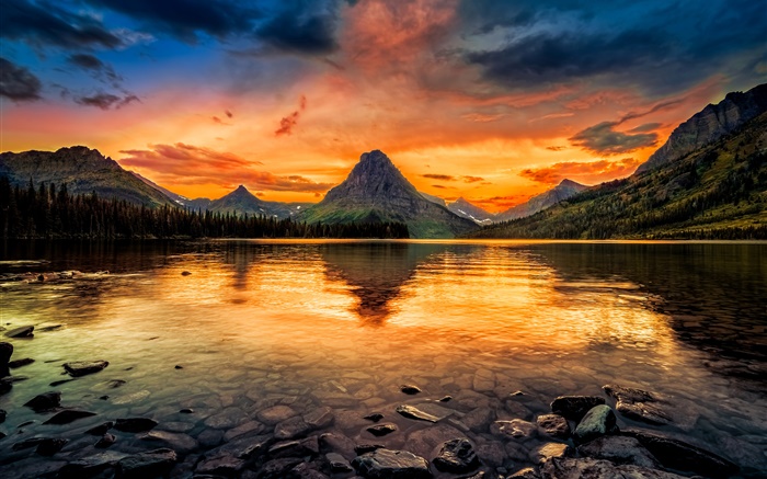 Zwei Medicine Lake, Glacier National Park, USA, Gebirge, Sonnenuntergang, roten Himmel Hintergrundbilder Bilder