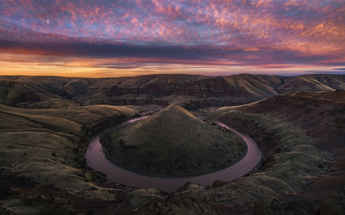 USA, Schlucht, Fluss, Hügel, Felsen, Wolken, Morgendämmerung Hintergrundbilder Bilder