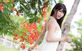 Weißes Kleid Mädchen aus Asien, Blumen, Sommer HD Hintergrundbilder