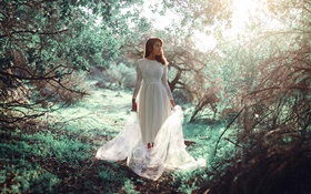 Weißes Kleid Mädchen im Wald, Sonnen-, Blend- HD Hintergrundbilder