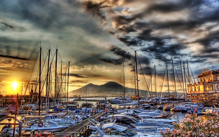 Yachten, Boote, Pier, Wolken, Sonnenuntergang, Italien, Neapel Hintergrundbilder Bilder