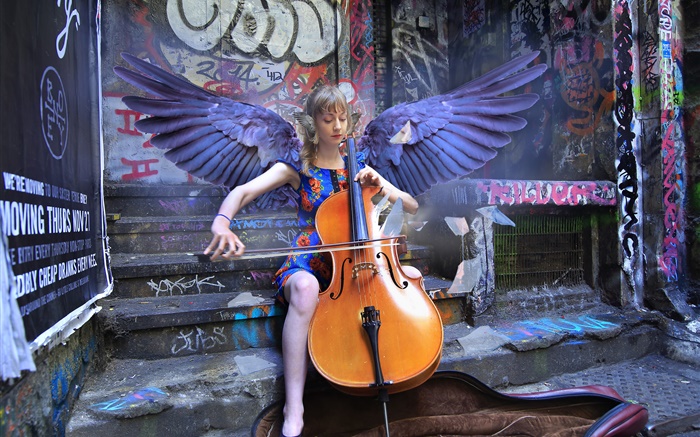 Engel Mädchen spielen Cello, Flügel Hintergrundbilder Bilder