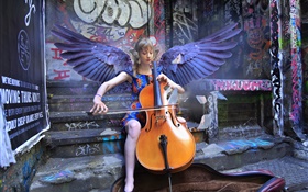 Engel Mädchen spielen Cello, Flügel HD Hintergrundbilder