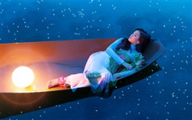 Asiatisches Mädchen schlafen in Boot in der Nacht