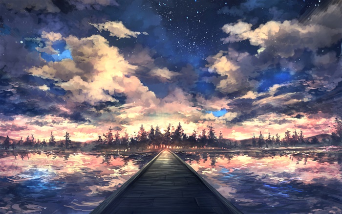 Brücke, Fluss, Bäume, Himmel, Wolken, Sonnenuntergang, Kunstzeichnung Hintergrundbilder Bilder