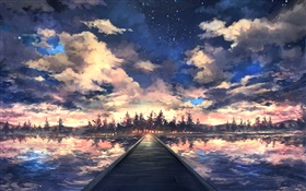 Brücke, Fluss, Bäume, Himmel, Wolken, Sonnenuntergang, Kunstzeichnung HD Hintergrundbilder