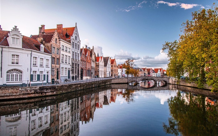 Brügge, Belgien, Stadt, Häuser, Brücke, Fluss, Bäume Hintergrundbilder Bilder