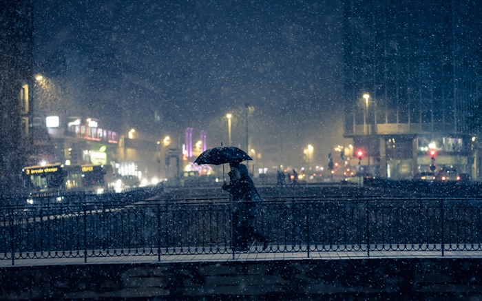 City-Nacht, Lichter, Winter, Schnee, Brücke, Menschen, Regenschirm Hintergrundbilder Bilder